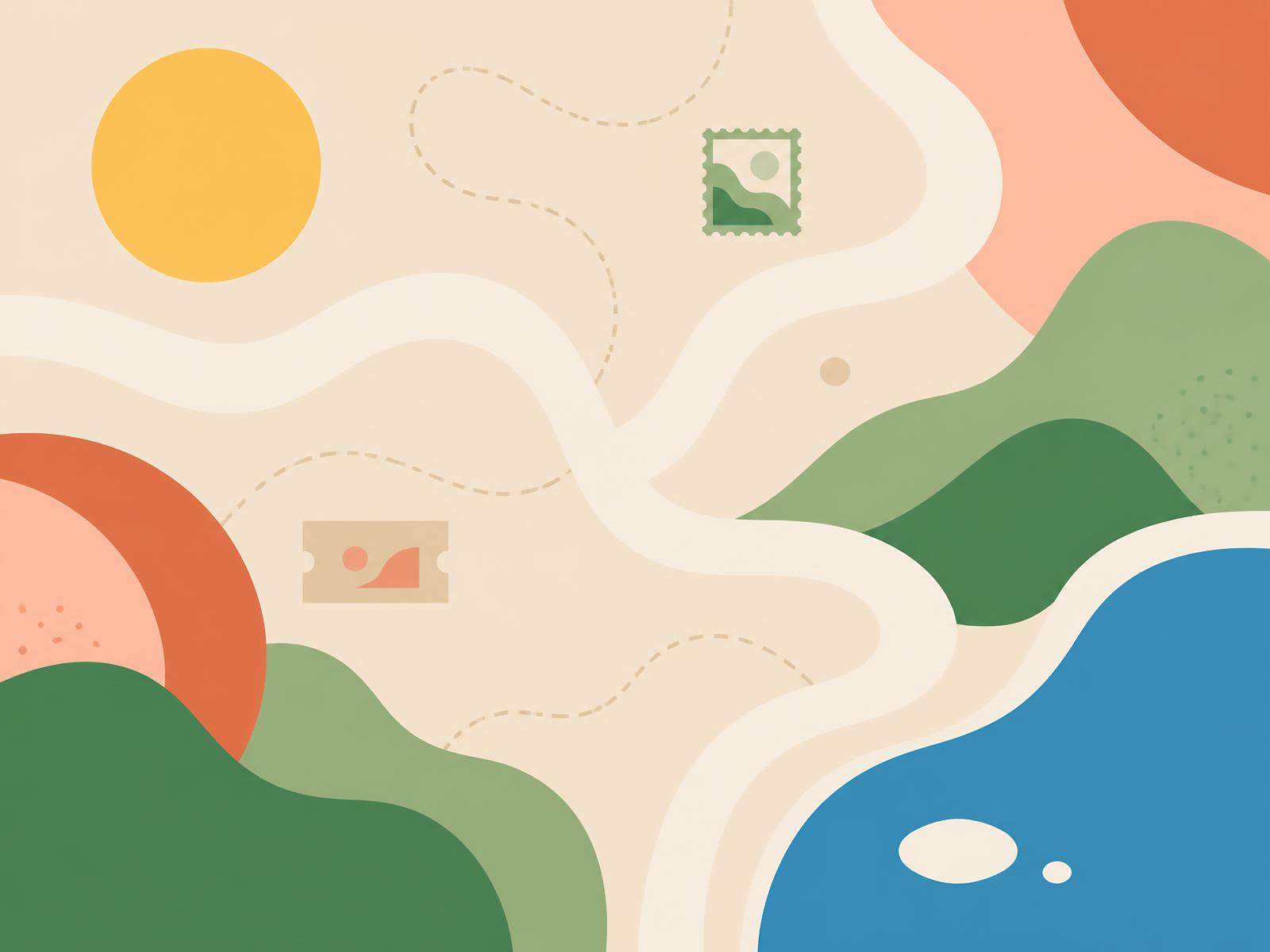 Abstract festival artwork of winding cream paths, hills, water, and a bright sun